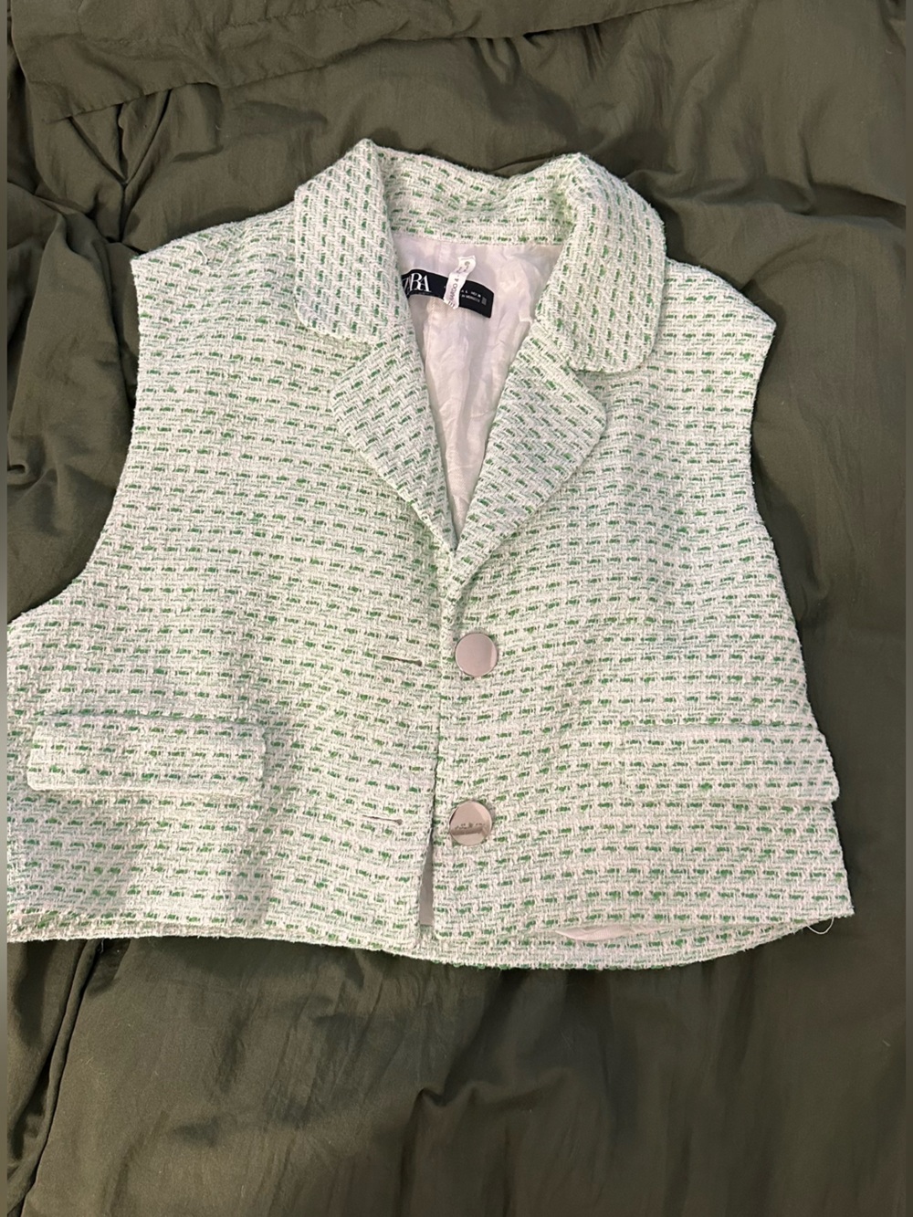 Zara Mint Green and White Tweed Cropped Vest
